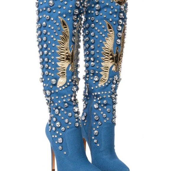 AZALEA WANG Shoes - AZALEA WANG DIAMOND  RHINESTONE DENIM  KNEE HIGH STILETTO WESTERN (BRAND NEW !!!